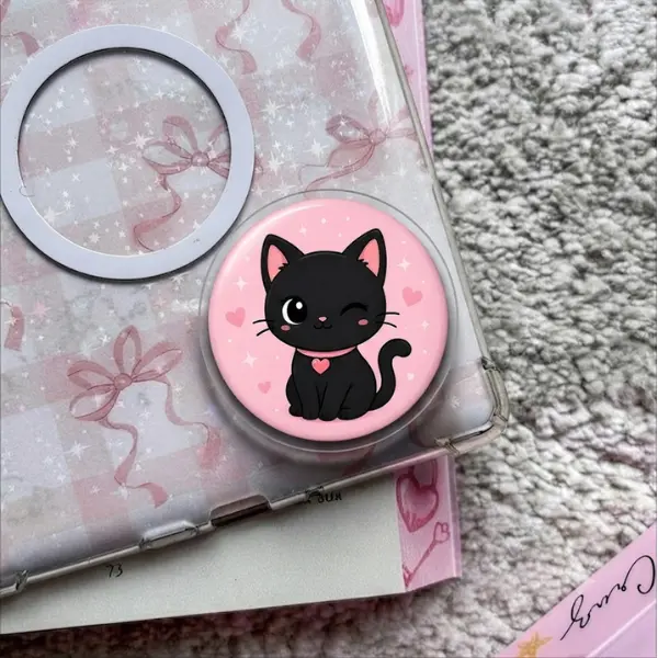 Black Cat & Pink Flowers MagSafe Phone Grip, Kawaii Aesthetic Griptok, Cute Kitten Floral Phone Stand, Whimsical Cat Lover Accessory, Trendy Gift