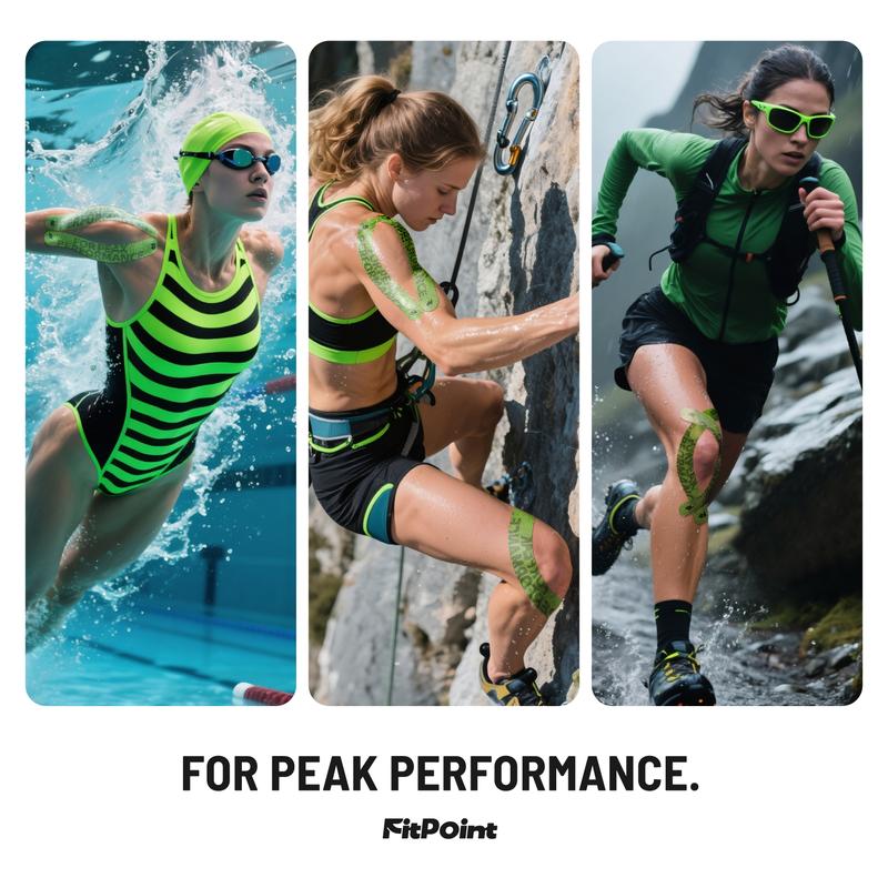 FitPoint Kinesiology Tape – 2 Rolls (40 Pre-Cut Strips) – Ultra-Sticky Athletic Tape for Joint Support – Elastic Kinesio Tape for Knee, Wrist, Ankle – Black & Green