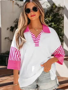 Striped Color Block Patchwork Polo Collar Half Sleeve T Shirt, Unique Color Block Design With Contrast Striped Patchwork.