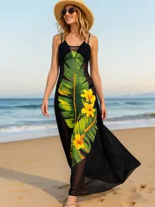 Women's New Leaf Print Breathable Long Cover-Up, Casual Slim-Fitting Beachwear for Vacation, Stylish Pop Art Design for Summer, Swimsuit Beach Cover Ups, Summer Coverup
