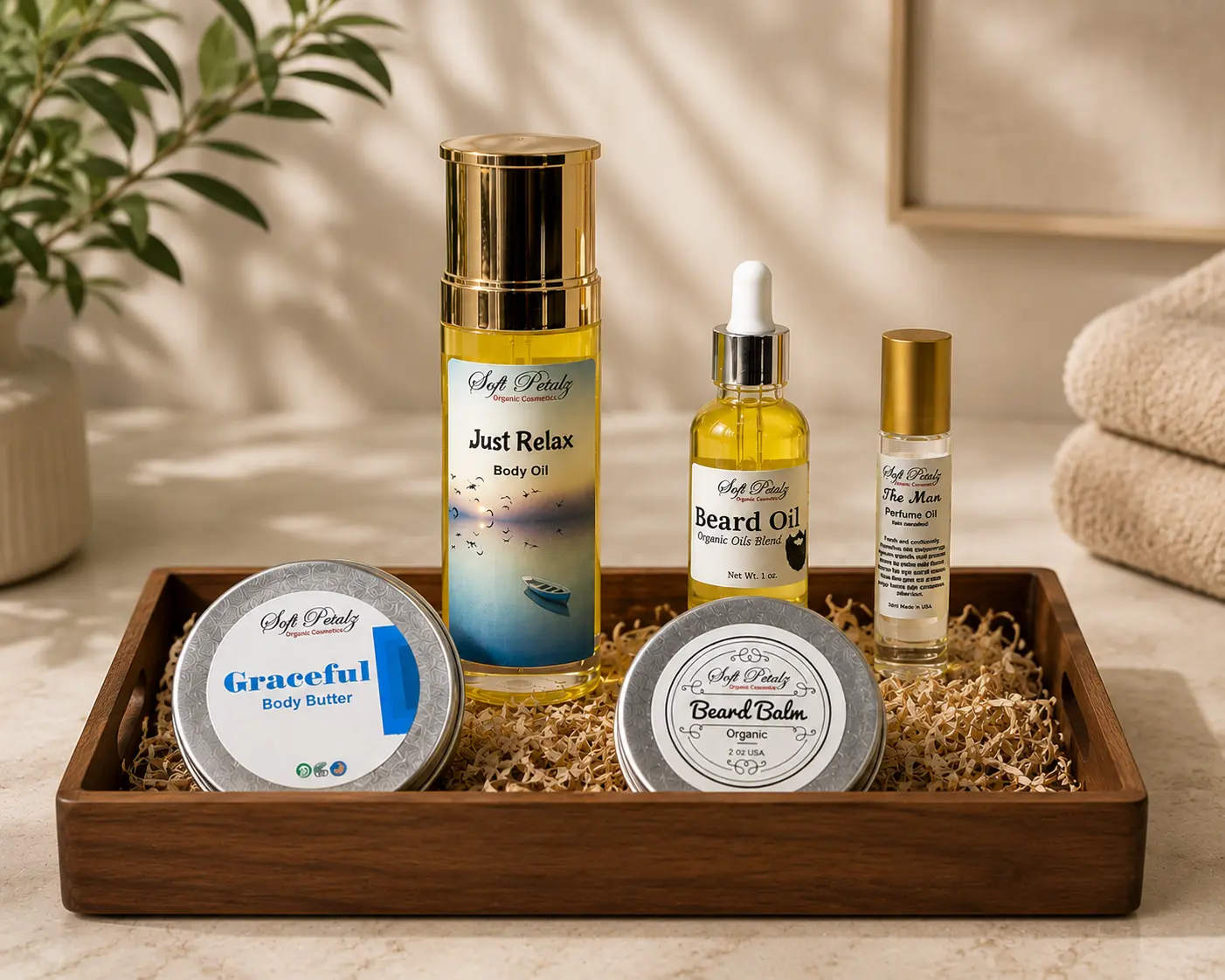 Soft Petalz The Man 6-Piece Body & Beard Grooming Kit for Men, Handmade Organic Moisturizer with Body Butter, Beard Oil, and Cologne, Hair Growth, Beard Shaping