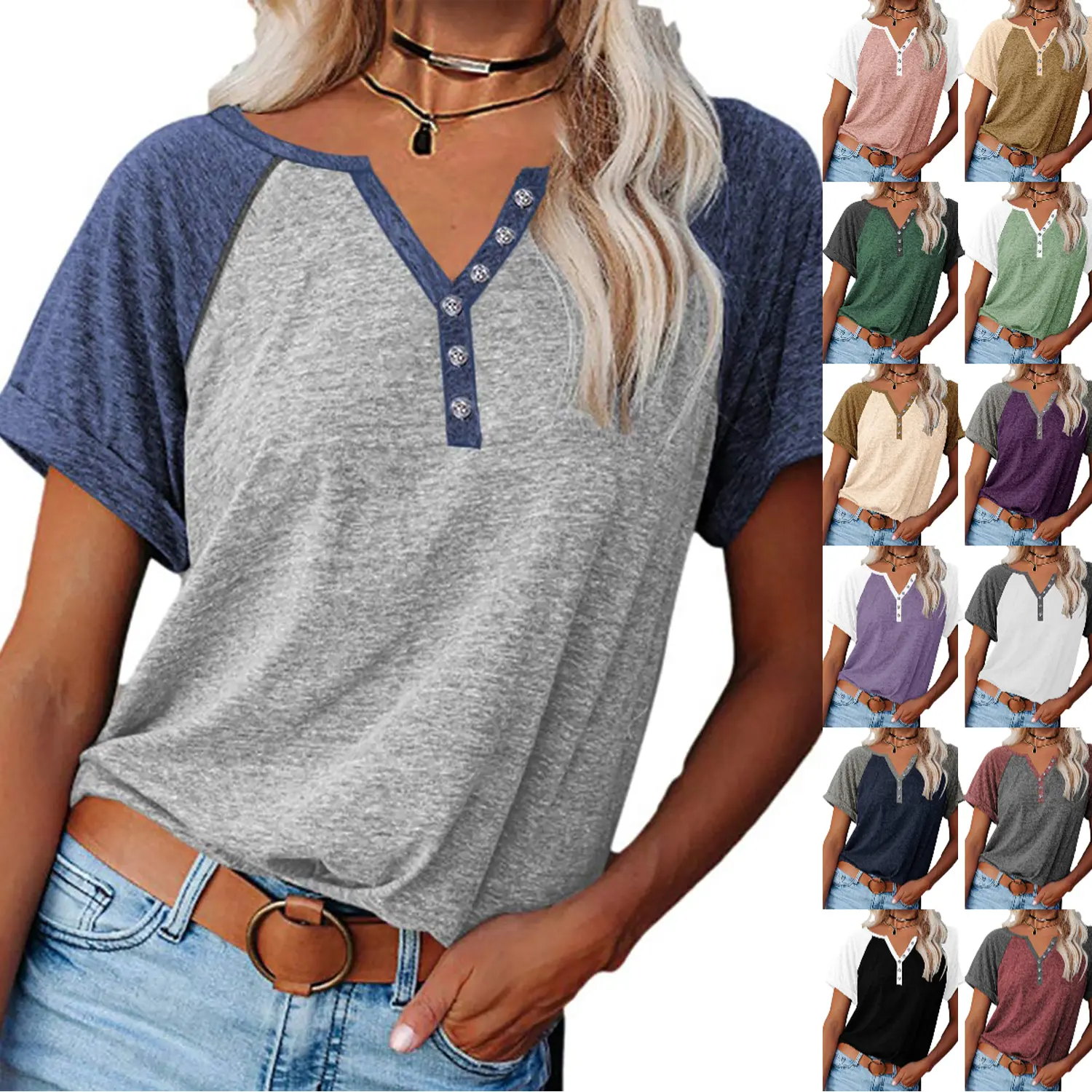 Danedvi Women's Casual Colorblock Henley T-Shirt, Soft Loose Fit Raglan Short Sleeve V-Neck Tunic Top with Button Up and Spandex, Jeans, Leggings, Skirts, Breathable, Tshirt, Fabric, Basic, Sexy, Streetwear