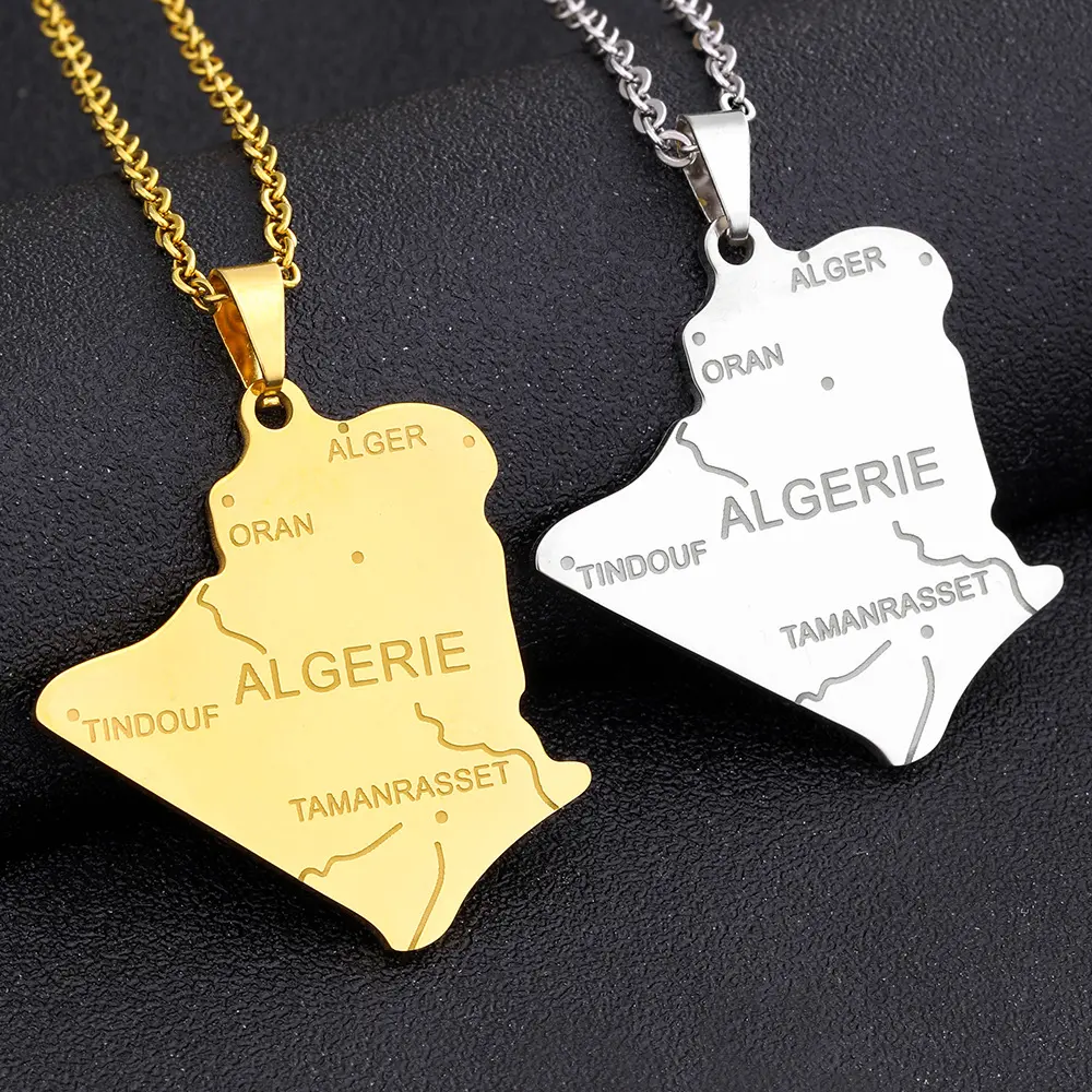Unisex Couple Stainless Steel Algeria Map Pendant Necklace with Chain, Ethnic Style Artificial Gemstone Adult Jewelry for Valentine's Day, Mother's Day, Casual Occasions, Birthday