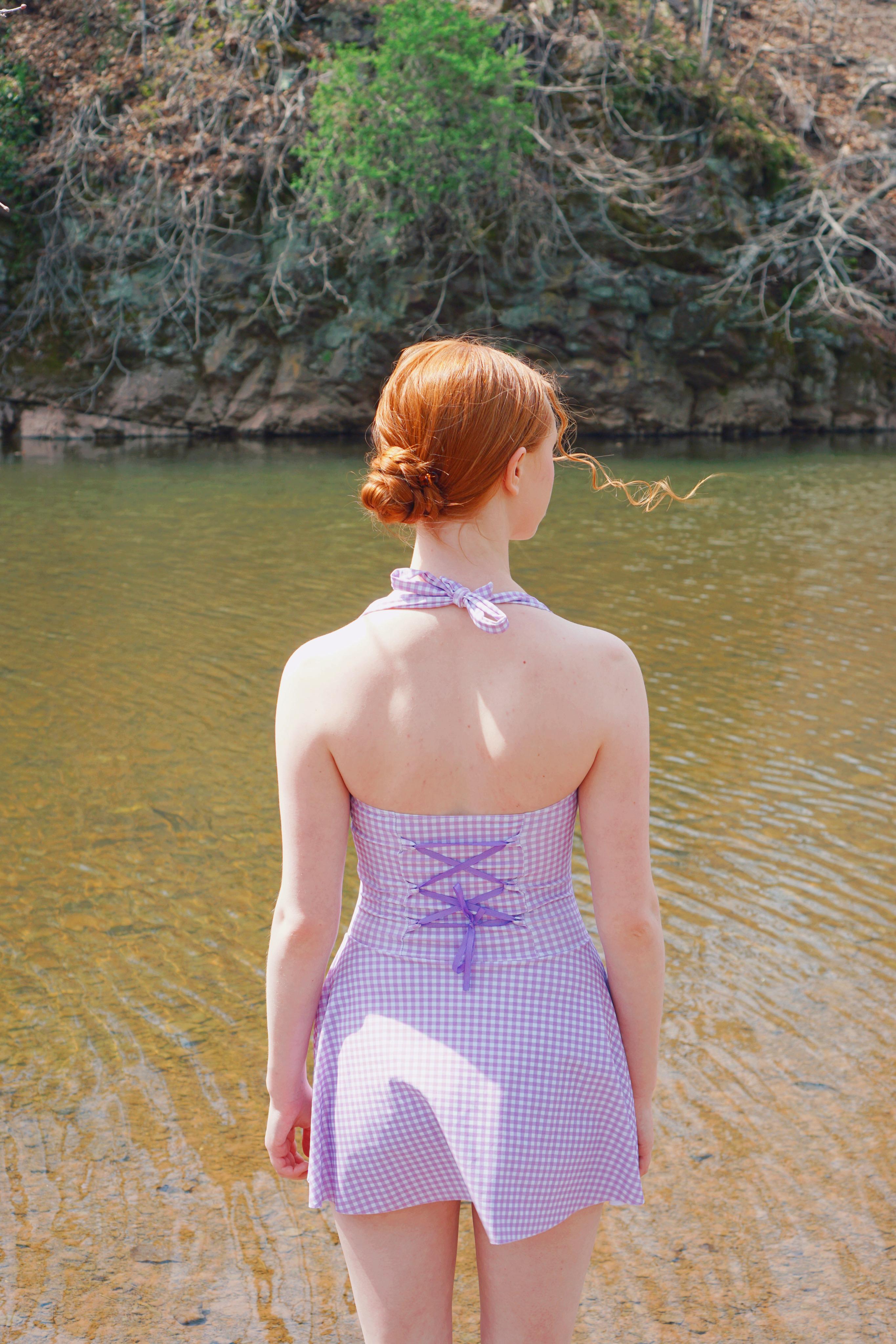 Purple 1930s Plaid Halter One-Piece Retro Halter One Piece Swim Dress for Women Gingham Print Push Up Swimsuit with Tie Back and Skirted Bottom Trendy Summer Outfit for Vacation Look and Try On Haul Retro Stage Flowy Swimdress