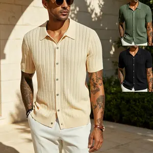 Mens Casual Knit Polo Shirt Summer Short Sleeve Button Down Collared Solid Color Breathable Crochet Hollow Out Top Non Iron Resort Wear