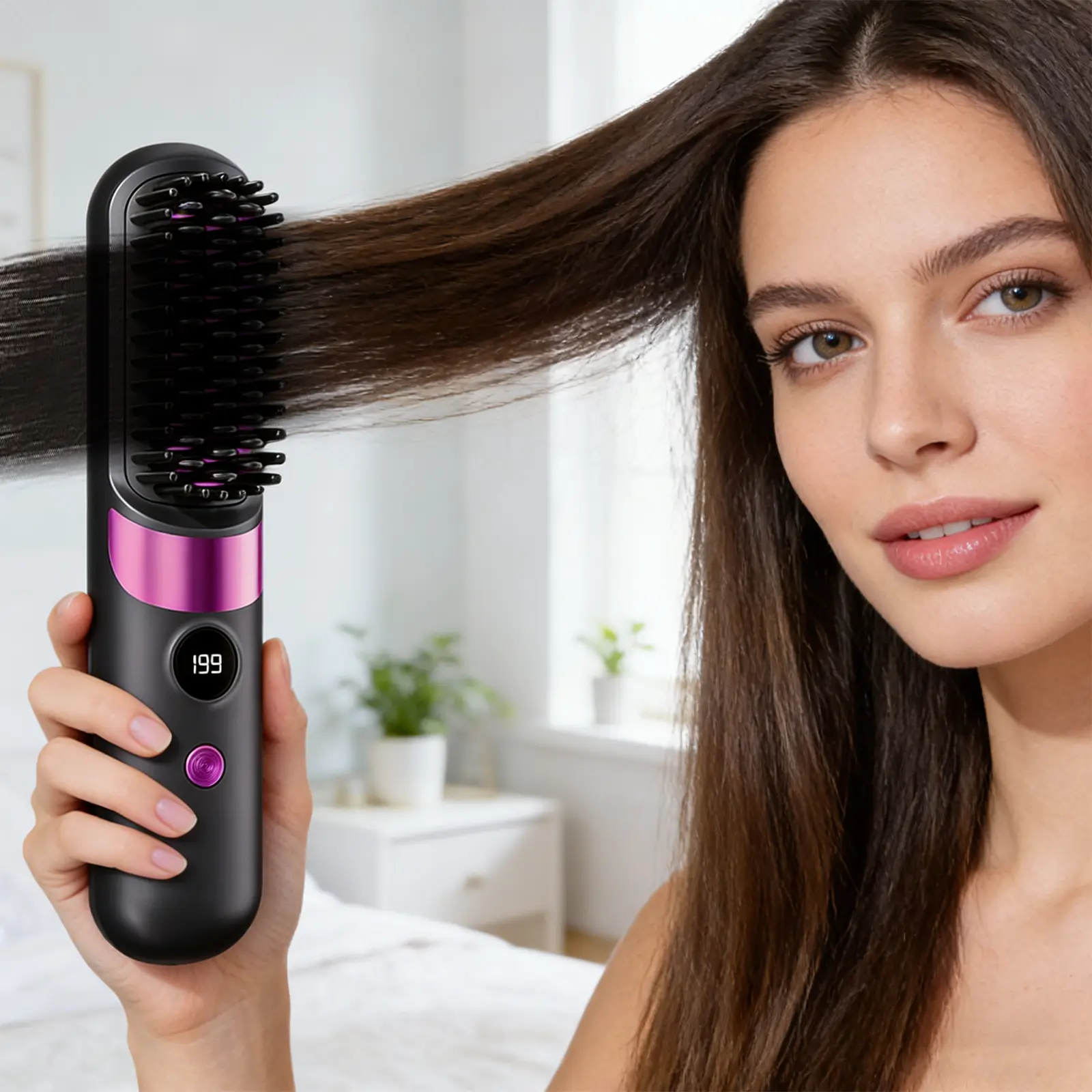 Portable Cordless Hair Straightening Brush Type-C Rechargeable 30-45 Mins Runtime Anti-scald Compact for Travel Business Trip