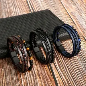FASHION4U - Men Leather Bracelet Classic Fashion Tiger Eye Beaded Multi Layer Leather Bracelet For Men Jewelry Gift