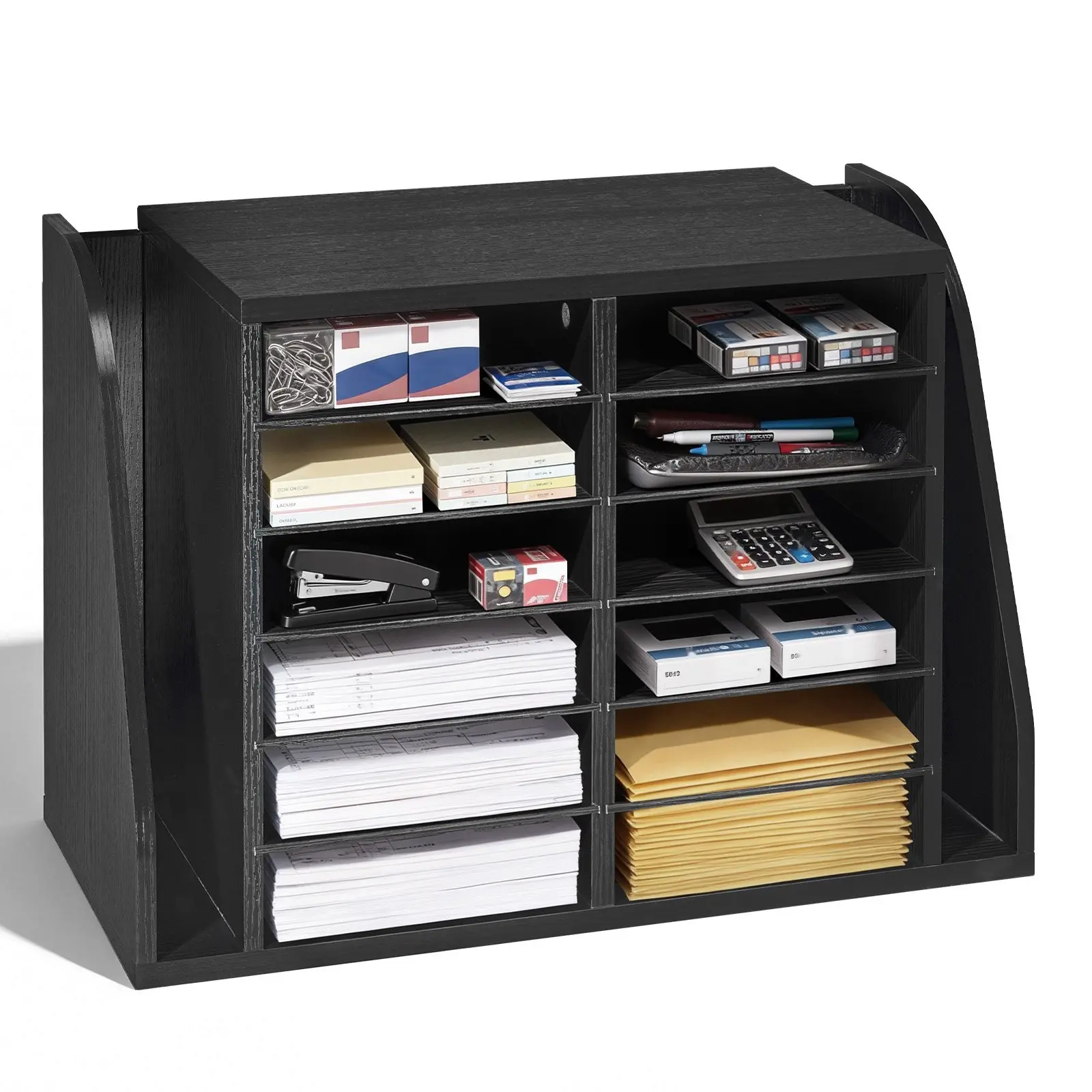 Literature Organizer With 12 Compartments, Office Mailbox With Side Vertical Storage, Wooden Mailbox Sorter Made From Particle Board, Countertop Desk Organizer For Files Documents Papers, Home Office Organization, Black Finish