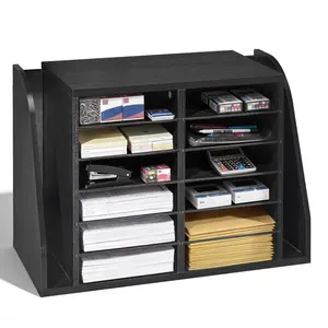 Literature Organizer With 12 Compartments, Office Mailbox With Side Vertical Storage, Wooden Mailbox Sorter Made From Particle Board, Countertop Desk Organizer For Files Documents Papers, Home Office Organization, Black Finish