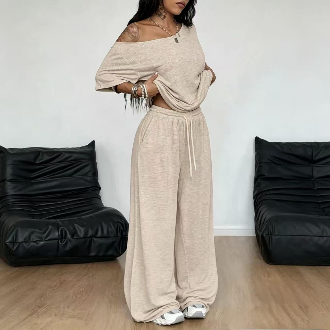 2pcs/Set Women's Minimalist Basic Daily Wear Everyday Going Out Sport Comfortable Off Shoulder T-Shirt And Wide Leg Pants Two Pieces Outfits