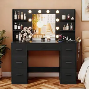 Vanity Desk with Mirror and LED Lights for Bedroom Dressing Room Makeup Vanity Table with Power Outlet 7 Drawers and 6 Storage Shelves Modern Dressing Table for Organized Cosmetic Grooming