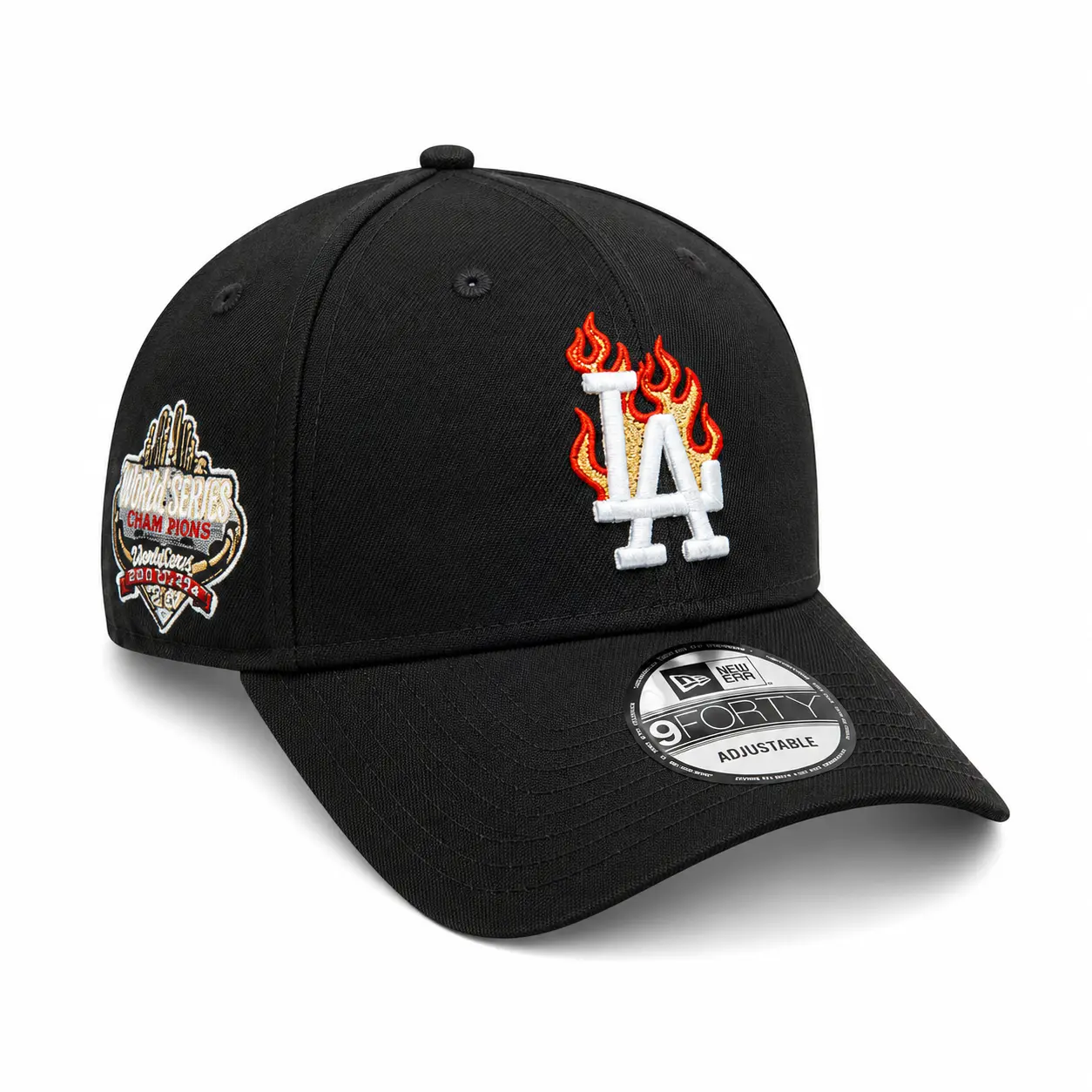 Flaming - New Era 9FORTY MLB Los Angeles Dodgers Black Adjustable Hat, Flaming LA Logo with World Series Champions Side Patch Baseball Cap