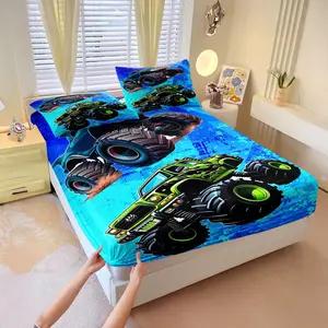 3pcs Monster Truck Print Fitted Sheet Set, Soft Bedding Sheet, Off-Road Truck Bedding Set (Includes 1 Fitted Sheet + 2 Pillowcases), Deep-Bound Design, Suitable for Bedroom Decor, Perfect for Boys' Rooms and Teenagers' Bedrooms