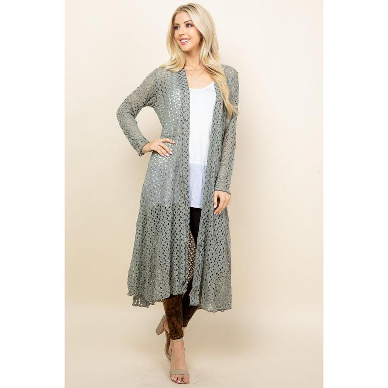 Sage Crochet Lace Long Jacket – Boho Women's Duster | Made in USA