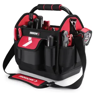 ARROW 12" Tool Tote with Waterproof Hard Base, Electrician Tool Bag with 19 Pockets, 840D Oxford Fabric, Open Top Tool Bag for Plumber Mechanic HVAC Automotive