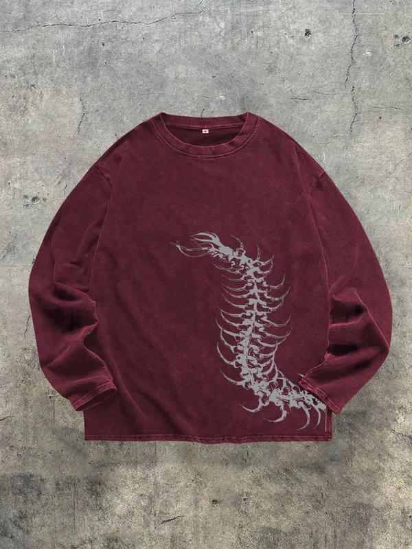 Men's Washed Vintage Round Neck Long Sleeve T-Shirt, Casual Fashion Tee for Daily Wear, Comfortable Cotton Material, Perfect for Spring & Fall