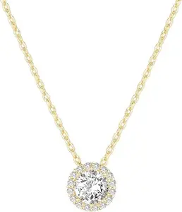 14K Gold Plated Round Halo Pendant Necklace Adjustable Faux Diamond for Women Classic Solitaire 16 Cubic Zirconia Stones 19 Inch Chain Hypoallergenic Gift Ready