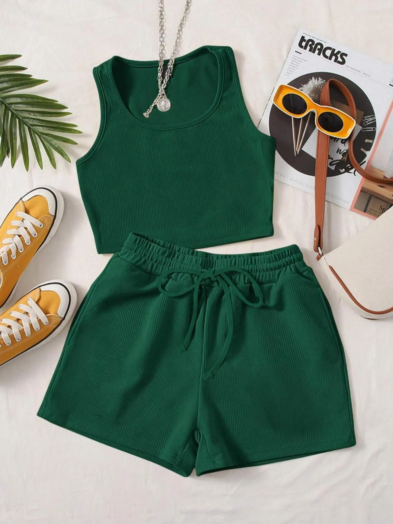 Plus Size Two-piece Set, Fitted Clothing Set, Knitted Fashion Set, Solid Tanktop & Drawstring Waist Shorts Set, Vacation Sets, Summer Beachwear Set, Casual Sleeveless Top & Shorts, Women's Summer Outfits, Matching Shorts Set, Casual Lounge Set