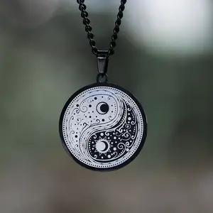 GTHIC Gothic Yin Yang Mandala Stainless Steel Necklace with 60 cm Chain for Wedding Engagement Birthday Gift Durability