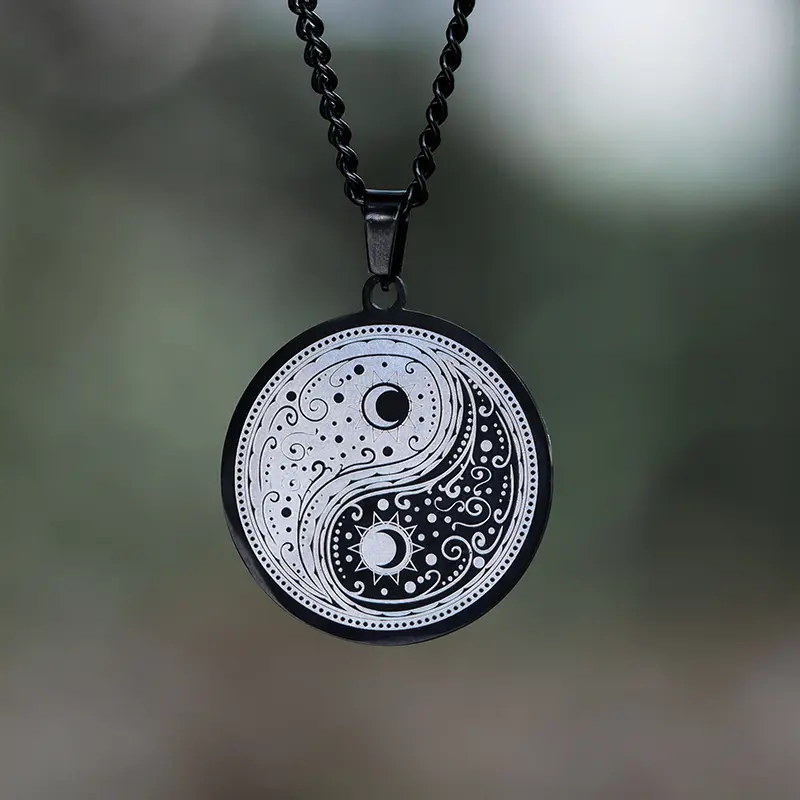 GTHIC Stainless Steel Yin Yang Mandala Necklace for Women Unisex - 60 cm Chain, Gothic Punk Pendant, Eco-Friendly Rust-Resistant Handmade Fashion Accessory, Wedding Engagement Birthday Gift
