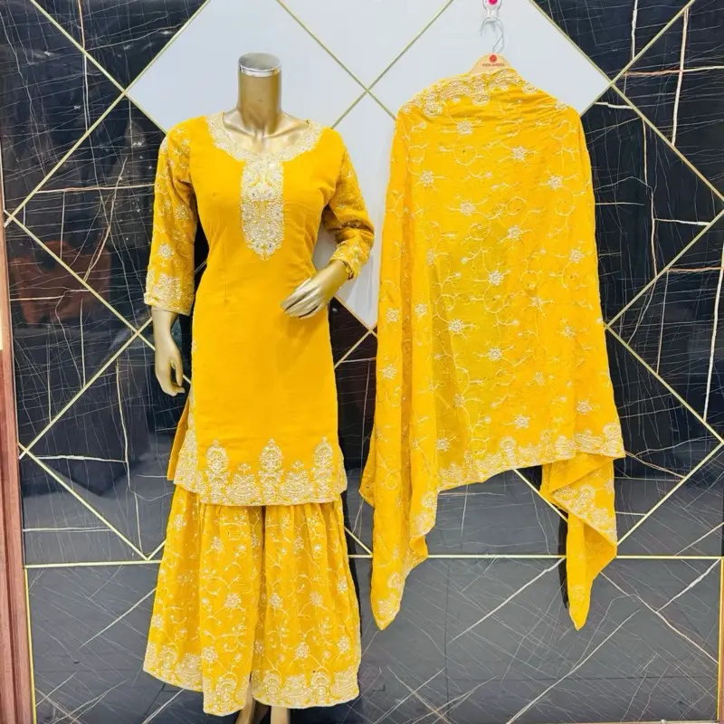 Party Wear Georgette yellow Size 38/40 can fit it with Embroidery Work Fully Ready to Wear Top and Palazzo Suit with heavy Dupatta, Salwar Kameez Heavy Designer Outfit Long Sleeve