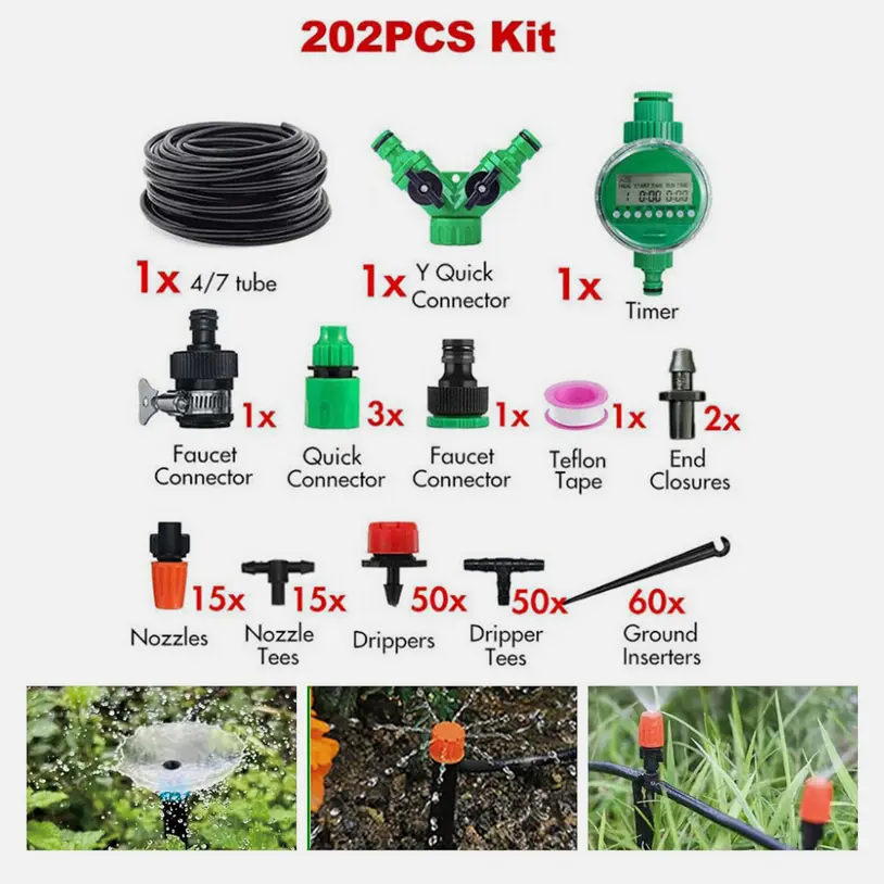 SJPACK Drip Irrigation System Garden Plant Self Watering Hose Micro Sprinkler Kit 164ft, 1/4 Inch, 2 Individual 120 Square Feet