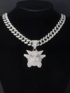 Cartoon Anime Hip Hop Rhinestone Ghost Pendant Necklace, Creative Alloy Full Drill Cuban Chain, Trendy Unisex Jewelry