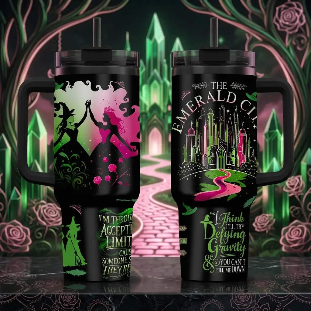 Wicked 40oz Stainless Steel Tumbler, Emerald City Glinda & Elphaba Defying Gravity Pink Green Design, Perfect Gift for Movie Fan