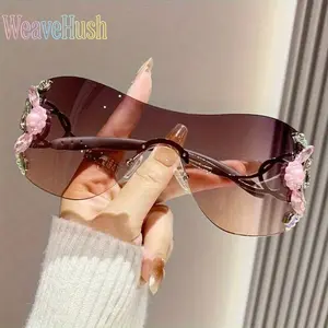 2026 Trendy Frameless One-Piece Eyeglasses for Women Men Unisex, Stylish Square & Oval Titanium Frame with Sparkling Accents & Pink Floral Detailing, Gradient Purple to Pink Mirror Lenses, High Definition Fashion Eyewear Perfect for Parties, Photos, Daily