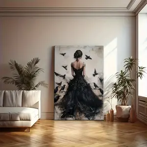 Elegant Lady and Crows Canvas Wall Art Print - Gothic Victorian Witch Theme, Wood Framed, Artistic Dark Romantic Fantasy Poster for Indoor Decor wall decor