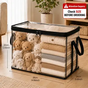 Black PVC Storage Tote with Handles for Stuffed Animals and Dolls – Durable Dust-Resistant Organizer for Kids’ Room, Playroom, Living Room, or Birthday Gift