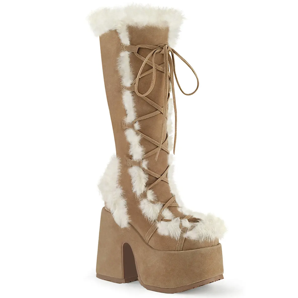 Demonia Women's Camel-311 Round Toe Lace-Up Knee High Boot with Faux Fur Trim Detail in Camel Vegan Suede Demonia Women's Camel-311 Round Toe Lace-Up Knee High Boot with Faux Fur Trim Detail in Camel Vegan Suede