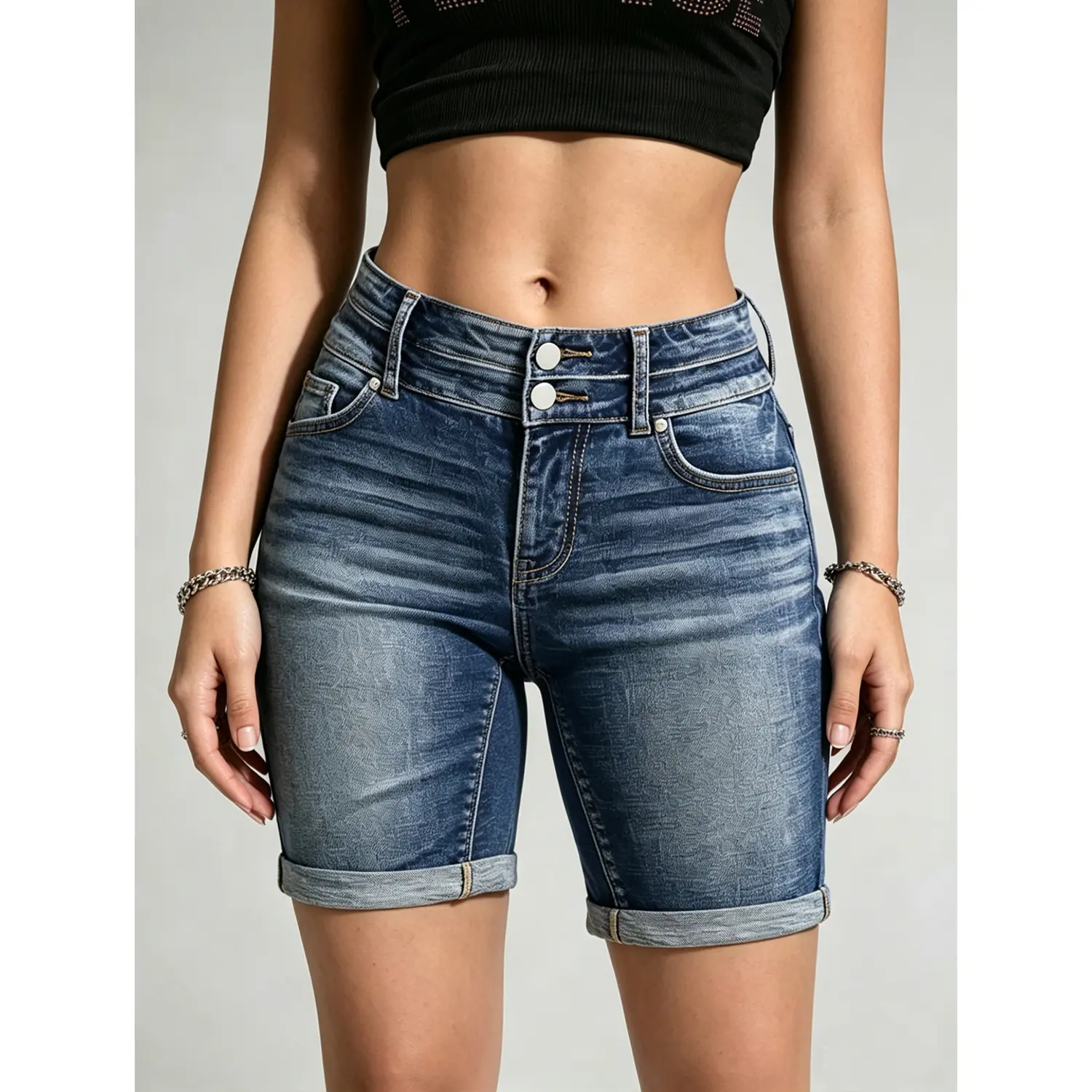 Women's Mid-Rise Bermuda Shorts Double-breasted Folded Hem Denim Summer Shorts, Roll Cuff Bermuda Shorts, Slim-fithip-lifting tights Stretchy Denim Shorts