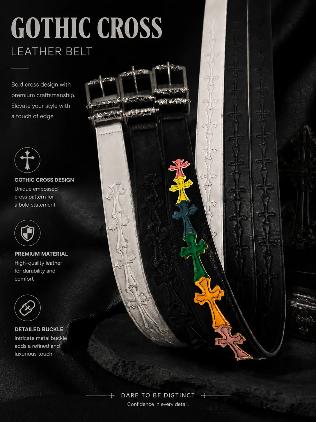 Gothic Cross Leather Belt for Men & Women, Vintage Embossed Leather Waist Belt with Unique Colorful Cross Design, Premium Metal Buckle, Streetwear Fashion Accessory for Casual Outfits