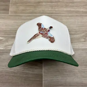 Pheasant on on 2-Tone Tall White Rope Hat w/Green Brim