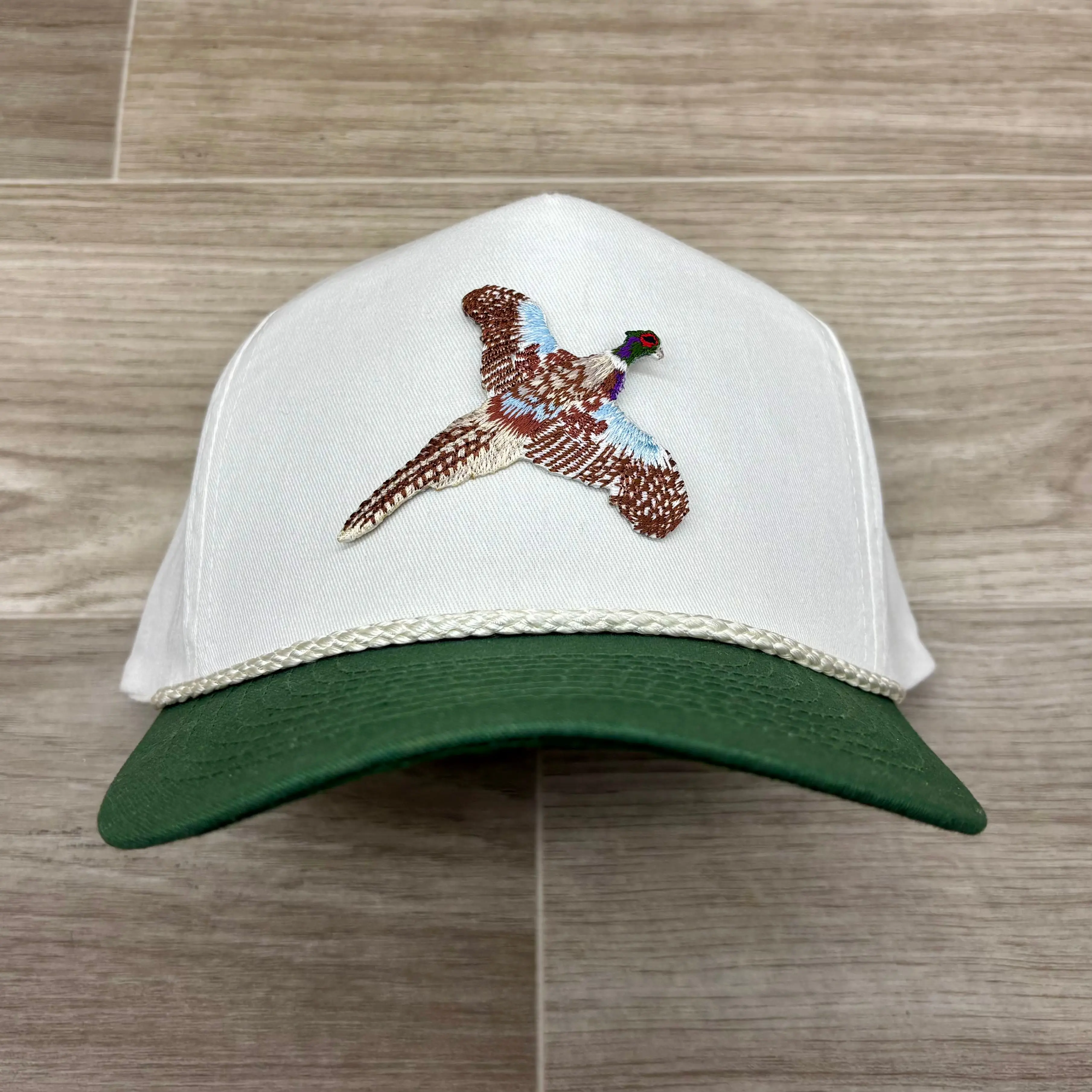 Pheasant on on 2-Tone Tall White Rope Hat w/Green Brim
