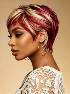 613/red Colored Short Pixie Cut Wig, Premium Human Hair Wavy, Stylish Haircut Wigs for Women, Perfect for Everyday Wear