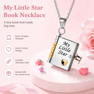 My Little Star Book Inspirational Locket Necklace Engraved Message Romantic Flip Open Pendant Jewelry Dad to Daughter Birthday easter Gift Sentimental Accessory