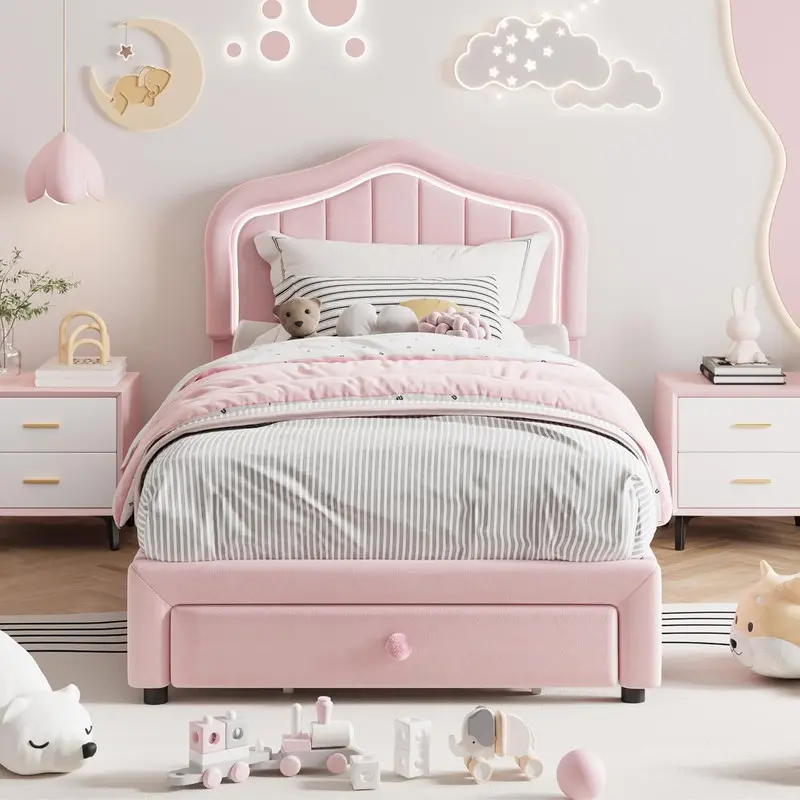 GARVEE Upholstered Twin Bed Frame with LED Lights - Velvet Storage Bed with Upholstered Headboard, Noise-Free Slats, No Box Spring Needed (for Kids), Upholstered Head