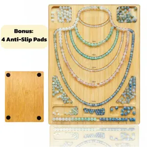 Necklace Layout Board with Multiple Length Grooves, Bamboo Jewelry Beading Design Tray, Includes Anti-Slip Pads, DIY Necklace Measuring Tool (Inches)