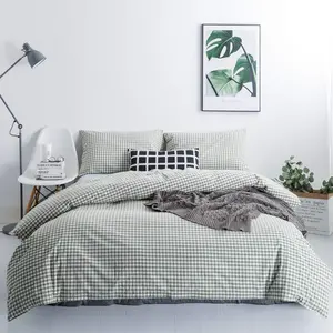 Green Gingham Duvet Cover  Size  Washed  Grid Duvet Cover Set 3 count 1 Green Plaid Duvet Cover with Zipper Ties 2 Pillow Cases Luxury Green Gingham Grid Bedding Set Breathable
