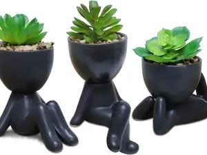 3 PCS Cute Artificial Succulent Plants with Creative Human Shaped Pots - Mini Potted Succulents Decor for Home Decor - Matte Black