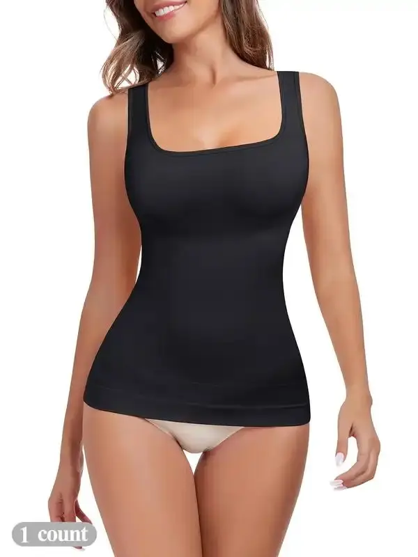 Women's Solid Tummy Control Shapewear Tank Tops, Casual Comfort Square Neck Compression Tops, Fall Clothes, Slimming Shapewear, Sexy Body Shapewear, Backless Shaper Black Girl Wear