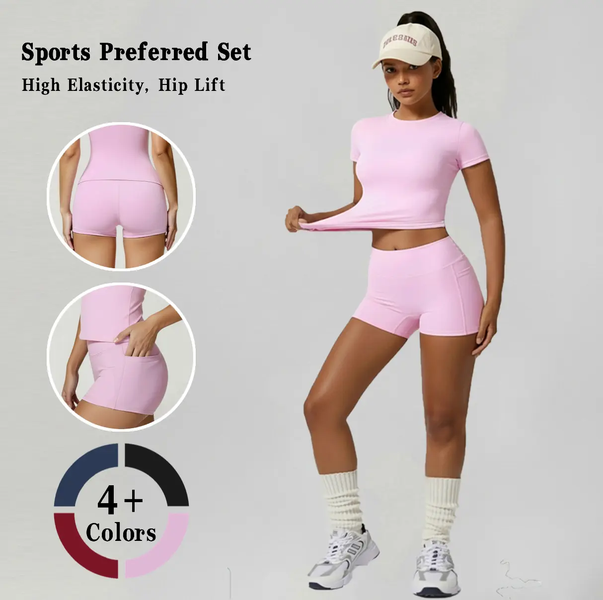 Women's 2 Piece Workout Gym Set Crew Neck Short Sleeve Athletic Shorts Tummy Control High Waist Slim Fitted Stretchy Summer Activewear