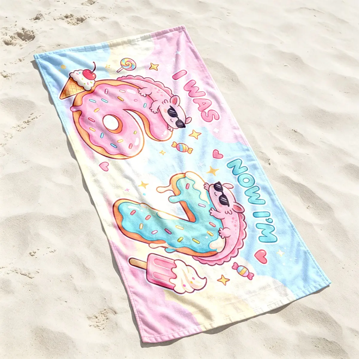 Sweet Macaron Gradient Cute Axolotl Donut Candy Summer Cartoon Pattern Microfiber Beach Towel, Lightweight Quick-Dry, Soft Comfortable