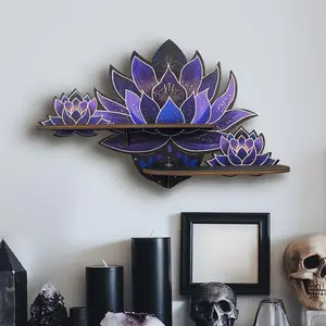 FNYDOX 1pc of Wooden Floating Shelves, Fnydox Purple Lotus Crystal Display Shelf for Wall, Wicca Style Wall Decoration, Rock Gem Stone Storage Organizer, Essential Oil Holder Hanging Case, Meditation Art Spiritual Present.