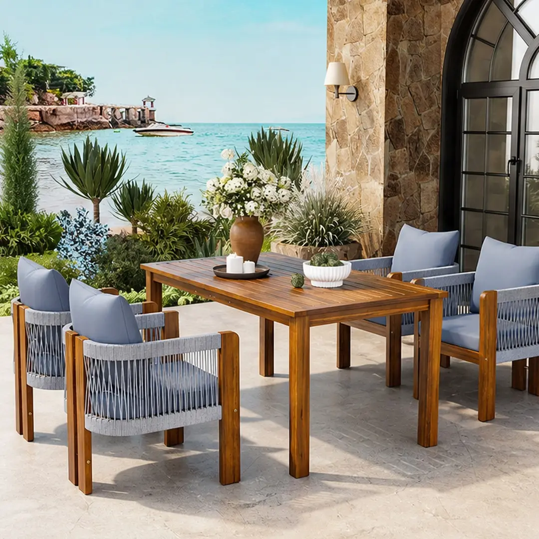 ARCH 5-Piece Outdoor Patio Dining Set for 4, Solid Acacia Wood Dining Table with Rope Woven Chairs, Farmhouse Dining Furniture Set with Cushions, Brown/Gray Options, for Garden Backyard Poolside, Brown/Gray Color Options, Acacia Wood Material