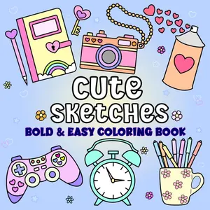 Bold and Easy Cute Sketches Coloring Book for Adults and Kids: 50 Simple and Big Designs with Thick Lines for Kids, Adults and Beginners