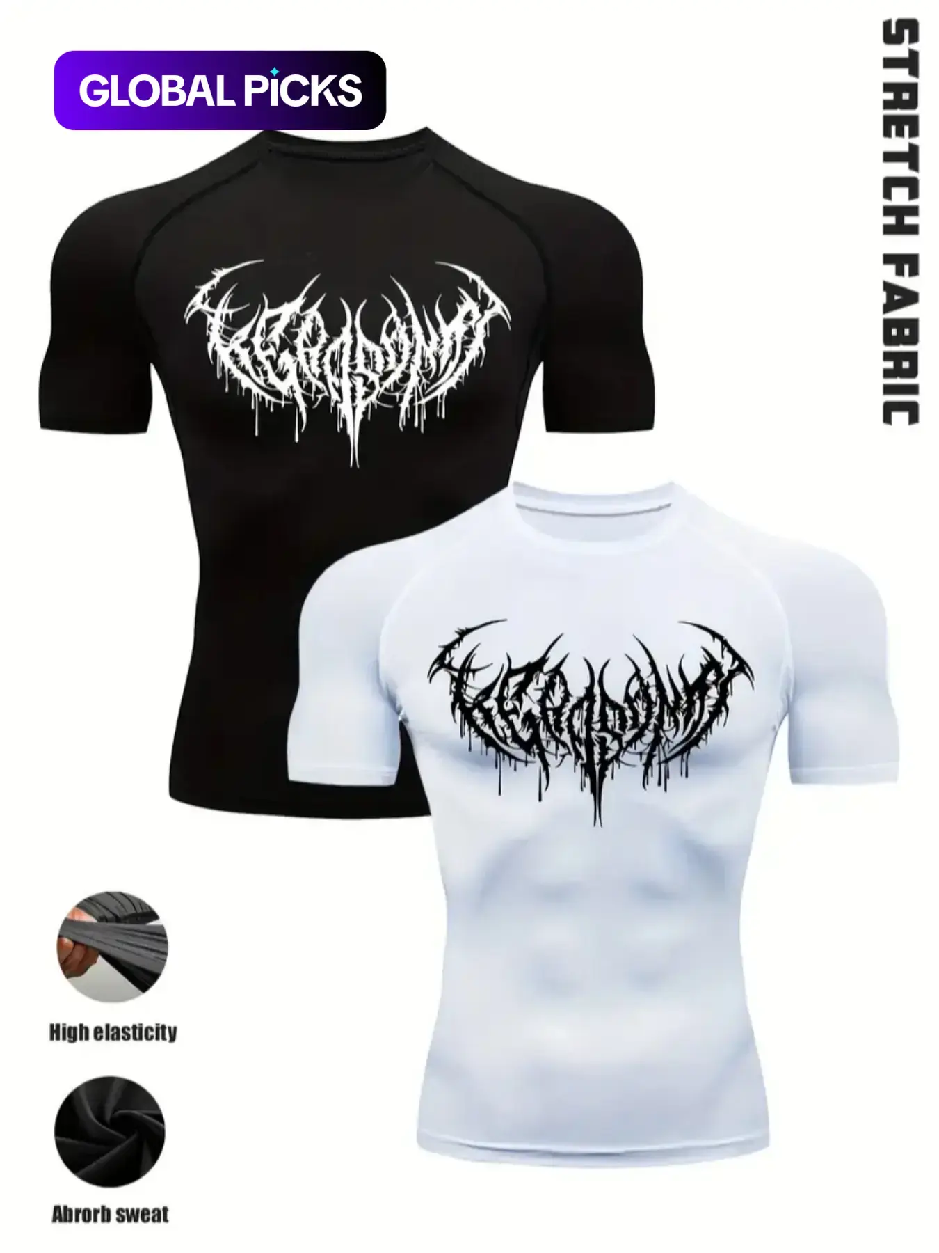 Men's 2 Pack Gothic Workout T-Shirts, Print Design, Stretch Fit Compression Shirts, Fitness Top, for Intense Training, Polyester Blend, Black White Set, Ideal for Gym, Strength Training, Streetwear & Casual Wear, Fitness Apparel