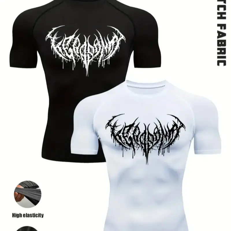 Men's 2-Pack Gothic Graphic-Print T-Shirts, Fitted Design Activewear, Stretch Polyester-Blend Fitness Tops in Black and White, Ideal for Gym Workouts, Strength Training and Casual Wear #GLOBAL PICKS